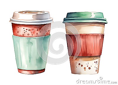 Takeout coffee mug, watercolor clipart illustration with isolated background Cartoon Illustration