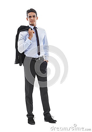 He takes everything in his stride. A handsome young man standing with blazer hanging over his shoulder against a white Stock Photo