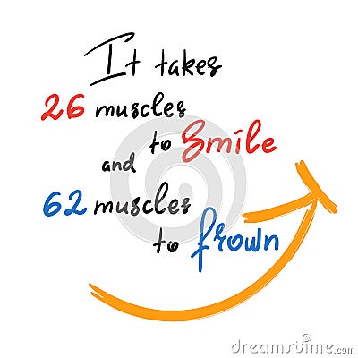 It takes 26 muscles to smile, and 62 muscles to frown - handwritten funny motivational quote. Print for inspiring poster, Stock Photo