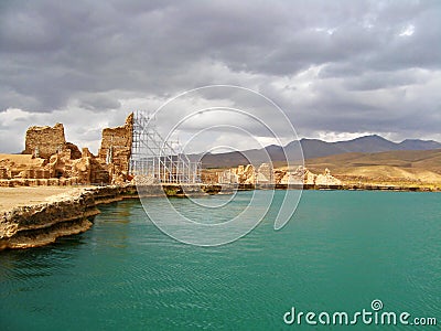 Takht-e Soleyman lake and temple in Takab , UNESCO World Heritage in Iran Stock Photo