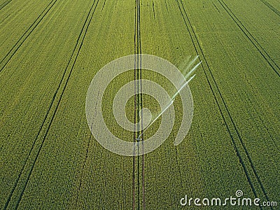 Taking care of the crop. Aerial view of irrigation system for agriculture, watering farmland Stock Photo