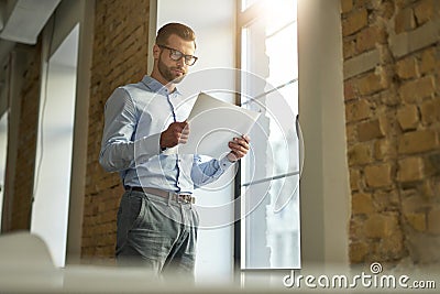 Taking careful look at the working documents by the window Stock Photo