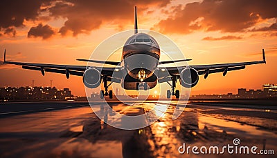 Taking off at dusk, a commercial airplane soars generated by AI Stock Photo