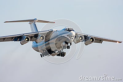 Taking off of the wide body cargo plane and retracting the landing gear Stock Photo