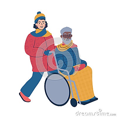 .Taking a person in a wheelchair for a stroll during the winter time. Isolated vector illustration. Vector Illustration