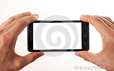 Taking photo with mobile phone of blank white screen Stock Photo