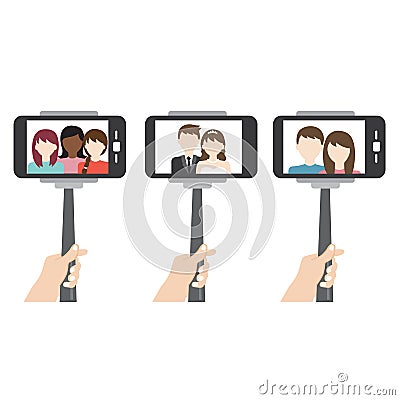 Taking portrait using smart phone and monopod or selfie stick Vector Illustration