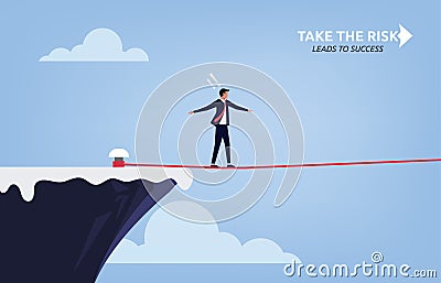Taking risk concept for success with businessman walking on tight rope symbol illustration Vector Illustration