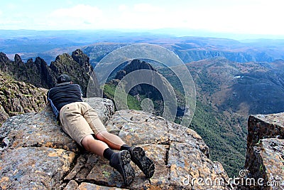 Taking in the veiw on the peak of Cradle Mountain Editorial Stock Photo