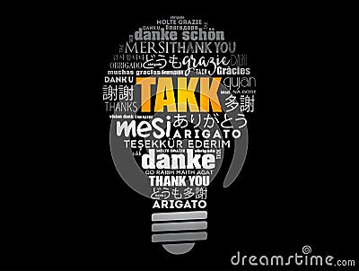 Takk (Thank You in Icelandic) light bulb Word Cloud Stock Photo