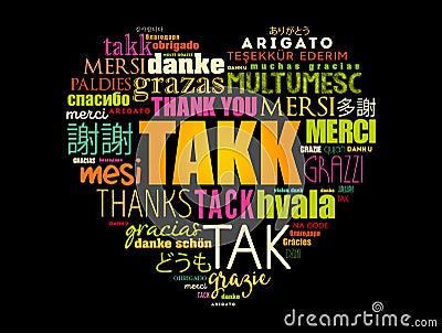 Takk (Thank You in Icelandic) love heart Word Cloud Stock Photo