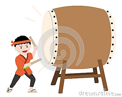 A Young Man Performing A Big Japanese Traditional Taiko Drum. Stock Photo