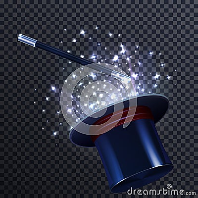 Tale Composition With Magic Wand And Magician Hat Vector Illustration