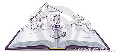 Tale of Fisherman and Golden Fish. Old woman sits at broken trough Vector Illustration