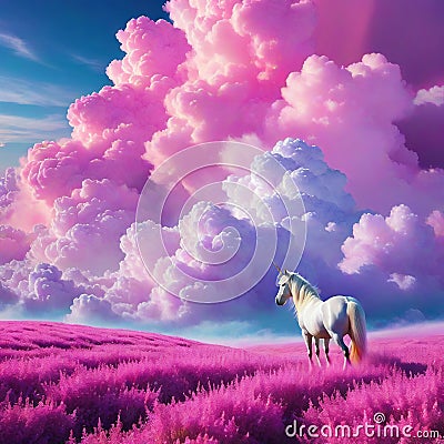 A tale landscape of the thick pink clouds and colorful beautiful gentle vivid Imagination and Cartoon Illustration