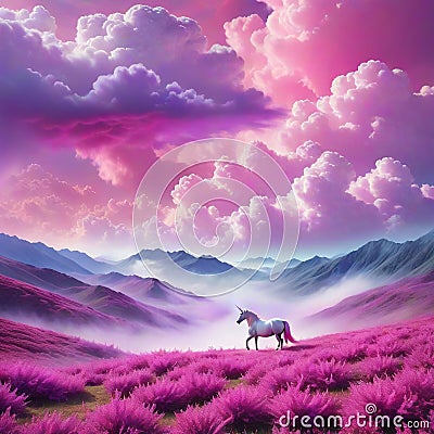 A tale landscape of the thick pink clouds and colorful beautiful gentle vivid Imagination and Cartoon Illustration