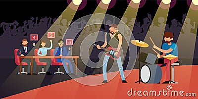 Talent rock show. Guitarist and drummer on stage, crowd of fans in hall, judges give marks, male musicians with electric Vector Illustration