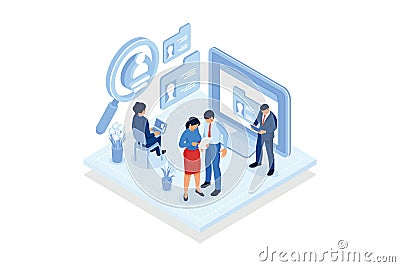 Talent search. HR specialist searching for an applicant using laptop, human resources manager, recruiting process.isometric vector Vector Illustration