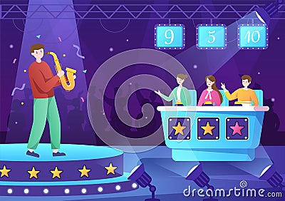 Talent Show with Contestants Displaying their Skill on Stage or Podium in Front of Judges Judging them in Cartoon Illustration Vector Illustration