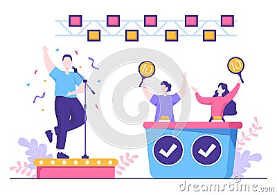 Talent Show with Contestants Displaying their Skill on Stage or Podium in Front of Judges Judging them in Cartoon Illustration Vector Illustration