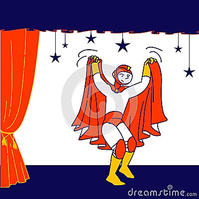 Talent Show Spectacle. Schoolboy Wear Superhero Personage Costume and Red Cloak Playing Role at Kids Theater Vector Illustration