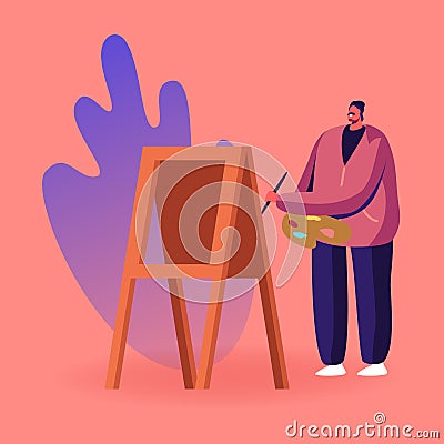 Talented Artist Male Character with Paints Palette and Brush Stand at Easel Canvas Painting, Choose Profession by Heart Vector Illustration