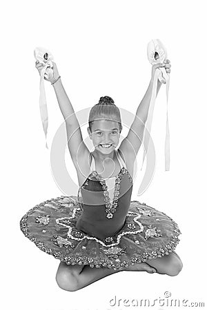 Talented ballet dancer. Kid dress ballet skirt white background isolated. Child practice dancing. Girl dancer gorgeous Stock Photo