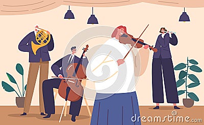 Talented Classical Musicians Captivate The Scene With Their Melodic Performance on Violin, French Horn, Cello and Flute Vector Illustration