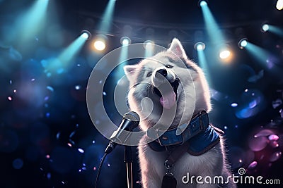 Talented dog, professional musician performing in neon light. The concept of music, hobby, festival, modern art collage. copy Stock Photo