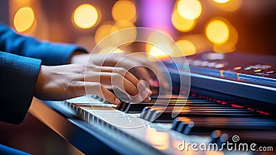 Talented keyboardist playing instrument with blurred background and copy space for text placement Stock Photo