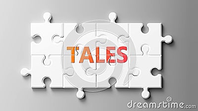 Tales complex like a puzzle - pictured as word Tales on a puzzle pieces to show that Tales can be difficult and needs cooperating Cartoon Illustration