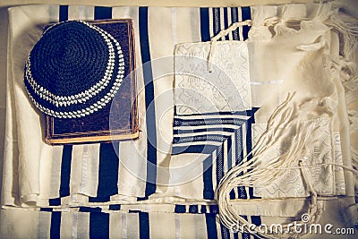 Talit, Kippah and Siddur - Jewish ritual objects Stock Photo