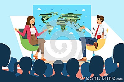 Talk Show Interview with interviewees and host on stage, in front of people in studio Vector Illustration