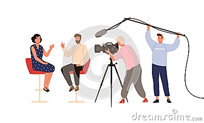 Talk show studio with interviewing, discussing hosts. People recording tv program, cameraman, journalists at work. On Vector Illustration