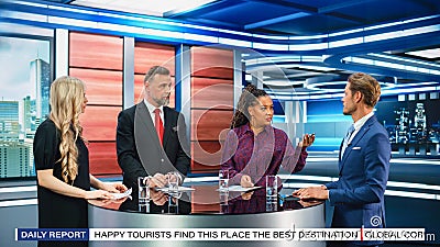 Talk Show TV Program: Four Diverse Specialists, Experts, Guests, Presenter, Host Discuss and Argue Stock Photo