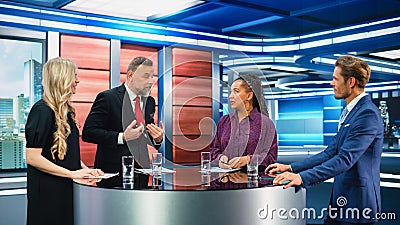 Talk Show TV Program: Four Diverse Specialists, Experts, Guests, Presenter, Host Discuss and Argue Stock Photo