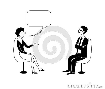 Woman and man are talking. Vector black outline image. Vector Illustration