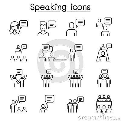 Talk, speech, discussion, dialog, speaking, chat, conference, meeting icon set in thin line style Vector Illustration