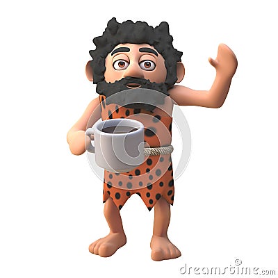 Talkative 3d cartoon caveman character is drinking his ninth cup of coffee, 3d illustration Cartoon Illustration