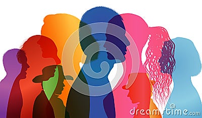 Talking crowd. Dialogue between people. People talking. Colored silhouette profiles. Multiple exposure vector Stock Photo