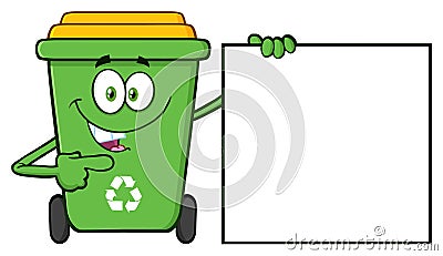 Talking Green Recycle Bin Cartoon Mascot Character Pointing To A Blank Sign Banner Vector Illustration