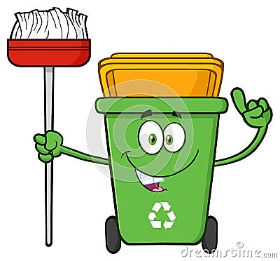Talking Green Recycle Bin Cartoon Mascot Character Pointing To A Open Lid. Vector Illustration