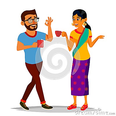 Talking Indian Man And Woman Vector. Laughing Friends, Office Colleagues. Communicating Hindu. Business Person. Talk Of Vector Illustration