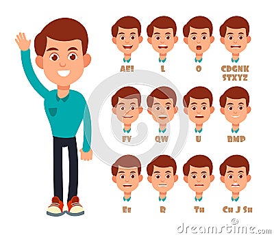 Talking lips sync animation. Cartoon vector speaking mouth and boy portrait isolated Vector Illustration