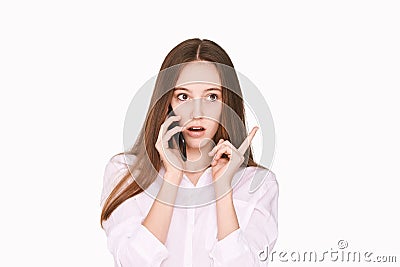 Talking smartphone. Calling friends. Businesswoman home office. Look side Stock Photo