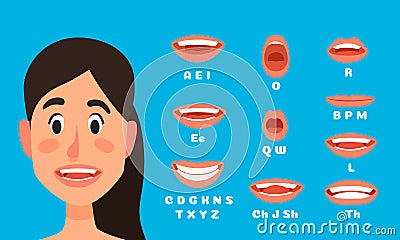 Talking woman mouth animation. Female character talking, speak mouths expressions and lip sync speaking animations vector Vector Illustration