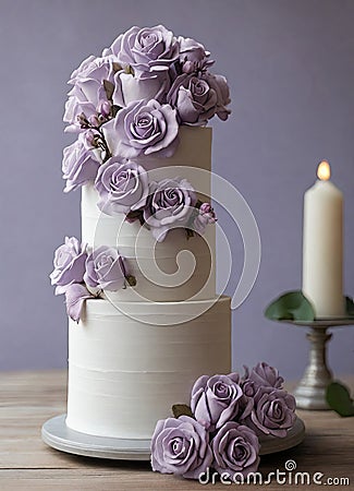 Tall barely frosted white tiered wedding cake decorated with lilac roses on background with candle Stock Photo