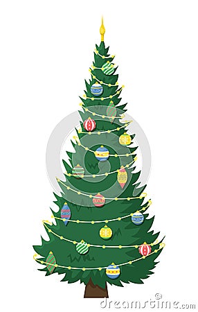 Tall beautiful Christmas tree with garland and Christmas tree toys. Christmas flat vector illustration Vector Illustration