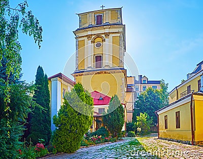 The tall belfry of Catholic Cathedral, Kamianets-Podilskyi, Ukraine Stock Photo