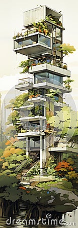 Tall building with tree top design exposure in Rei covered veget Cartoon Illustration